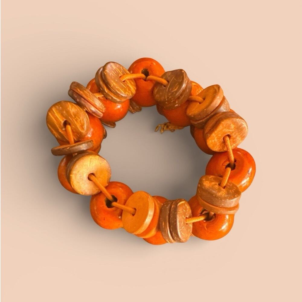 Vivacious Orange Earthy Brown Wooden Accent Stretchy Bracelet Boho Fiji Fabulous